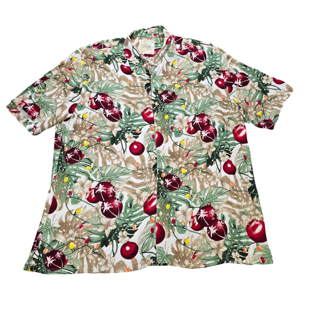 Tasso Elba Island‎ Christmas Tropical Ornament Mens Hawaiian Shirt Size XXL Tan
